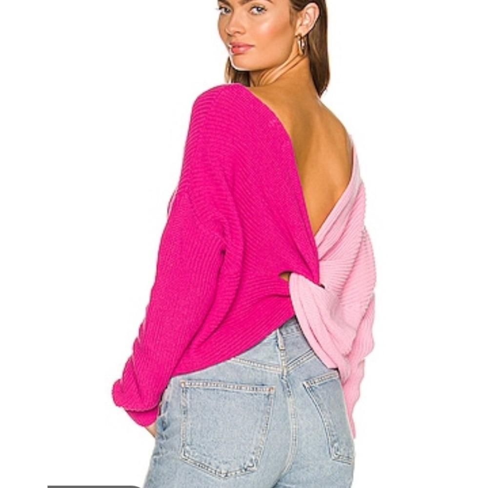 Superdown Trish Knot Sweater Pink Hot Pink Colorblock Reversible Twist Back L